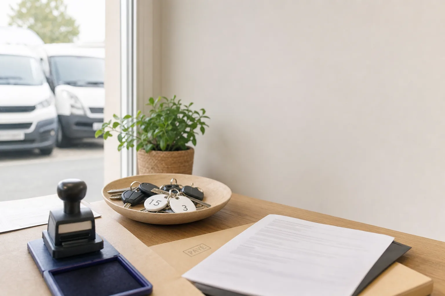 Coin de bureau d'agence avec tampon encreur et bol de clés de véhicules