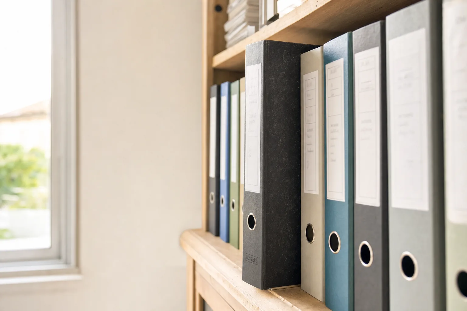 Rangée de classeurs à levier sur une étagère de bureau