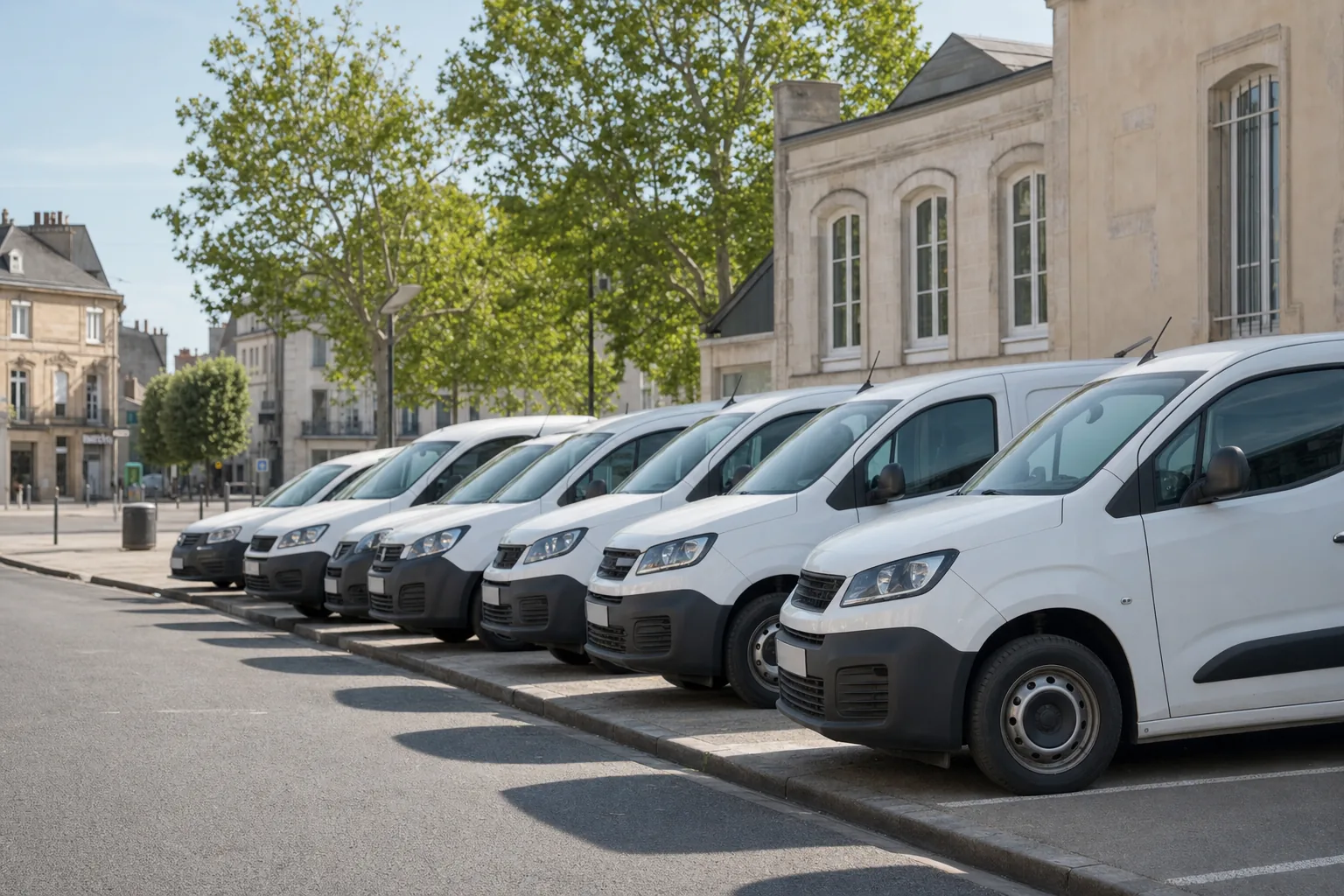 Rangée d'utilitaires blancs stationnés le long d'un trottoir en ville