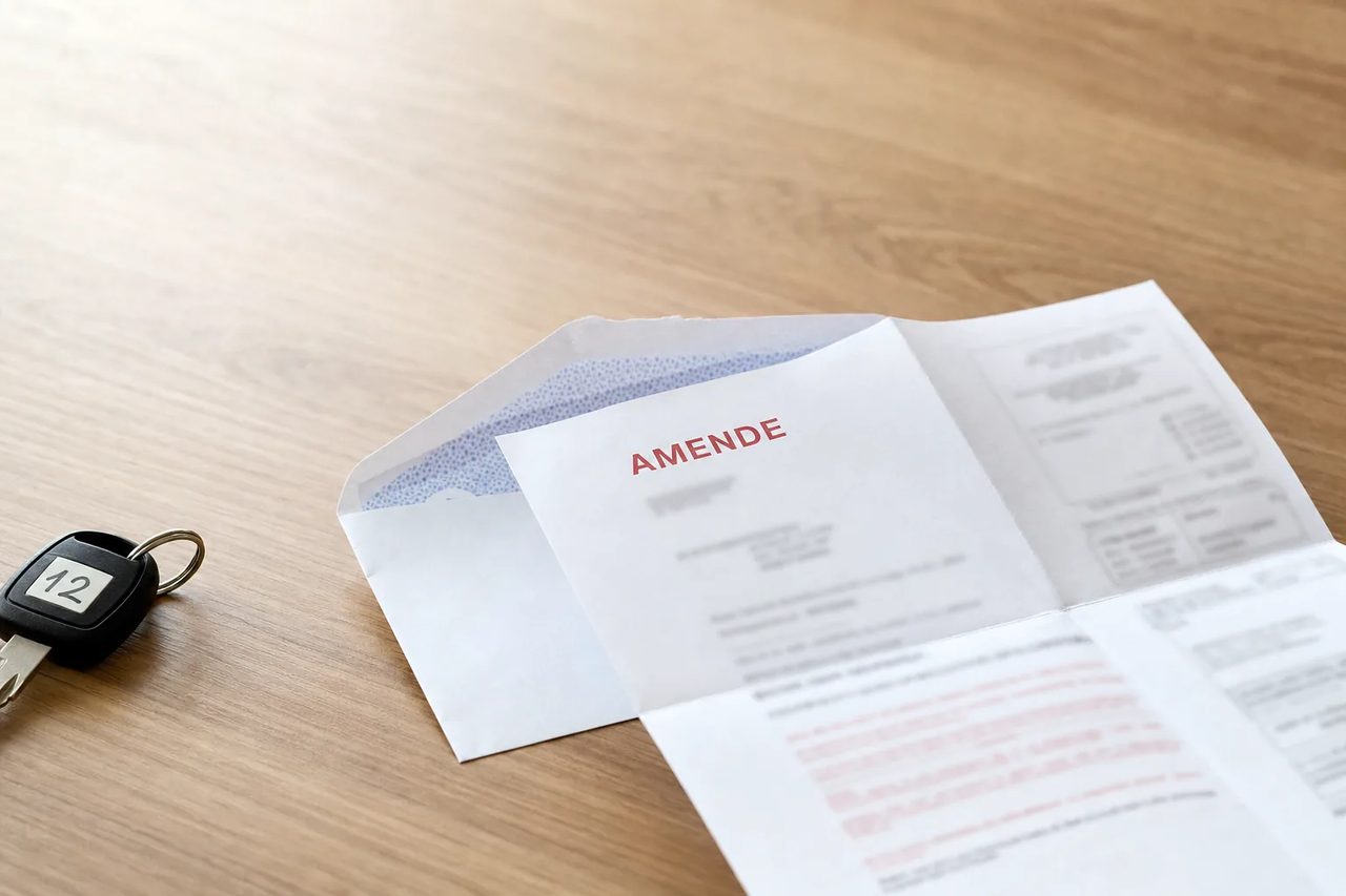 Enveloppe ouverte et avis imprimé sur un bureau, tampon AMENDE