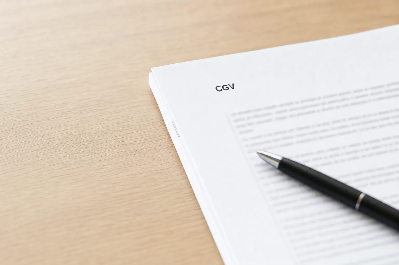 Document contractuel imprimé sur un bureau, titre CGV visible