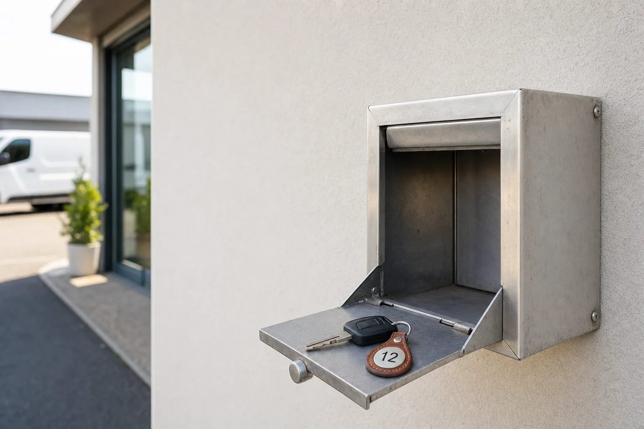 Boîte de retour de clés en acier fixée sur le mur extérieur d'une agence