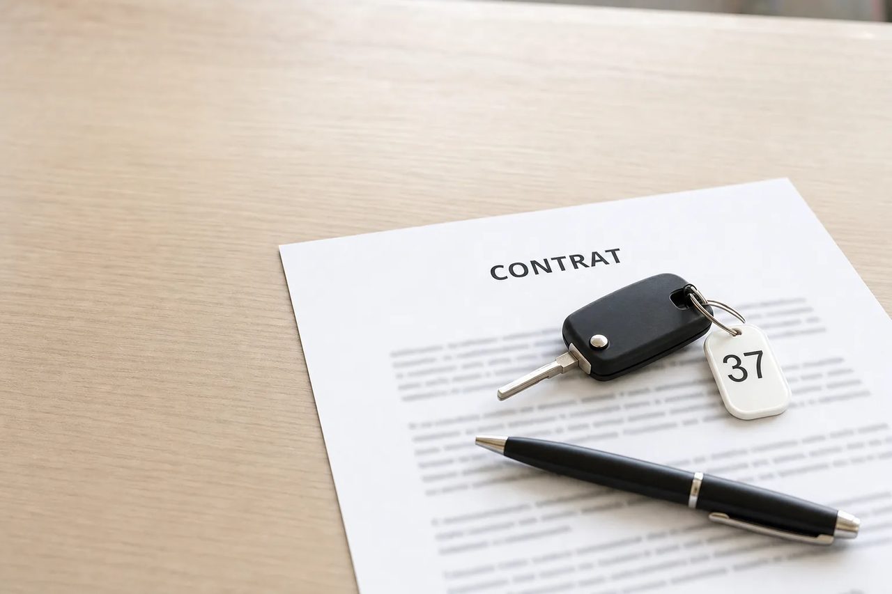 Contrat de location imprimé, stylo et clé de véhicule sur un comptoir