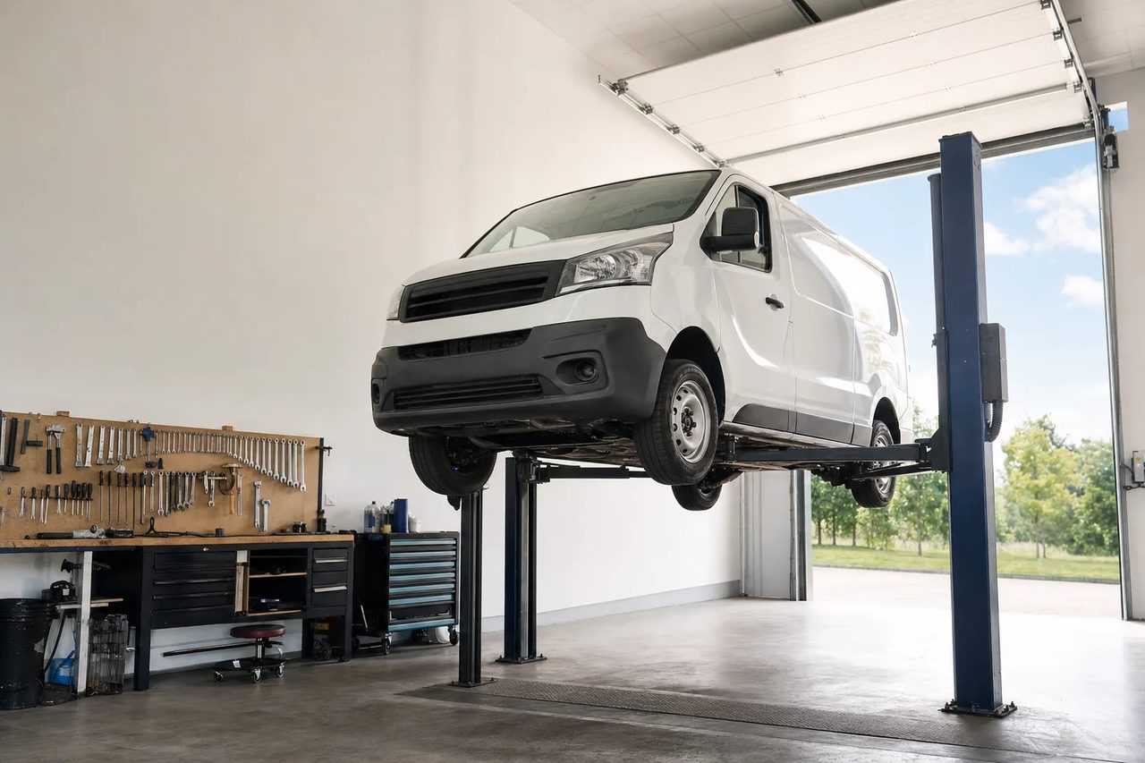 Utilitaire blanc levé sur un pont élévateur dans un atelier de contrôle technique