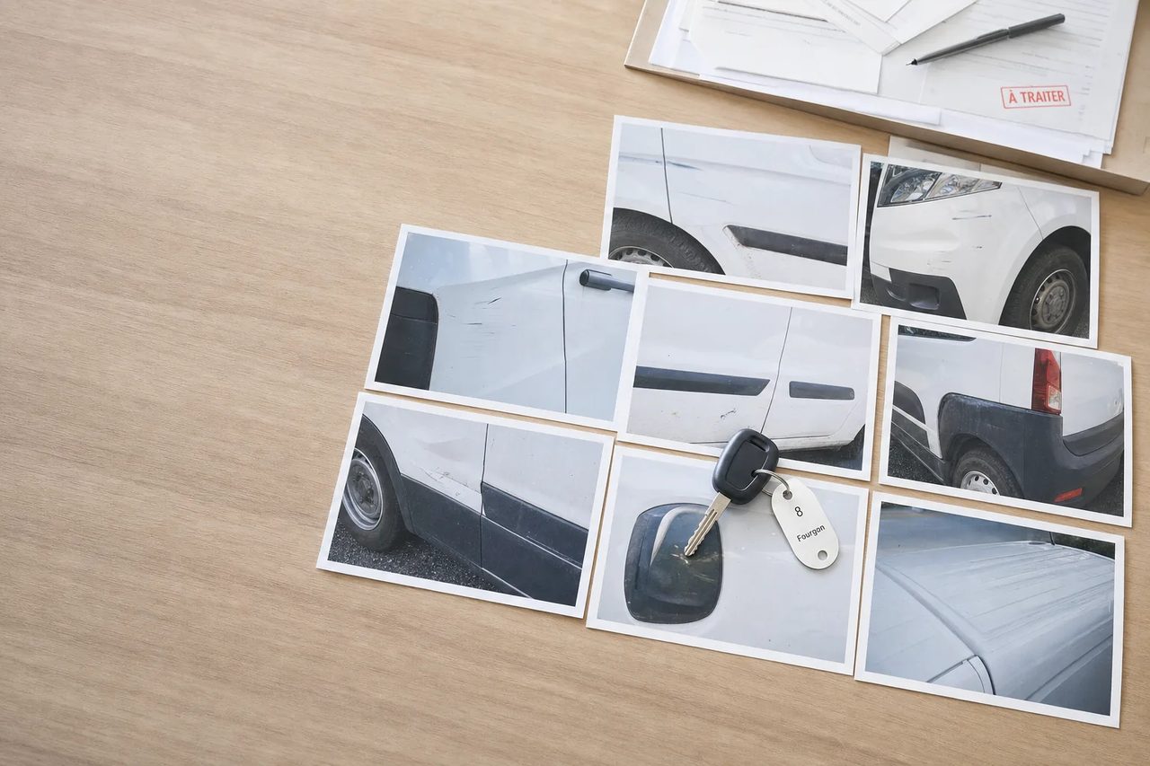 Tirages photo de la carrosserie d'un utilitaire étalés sur un bureau