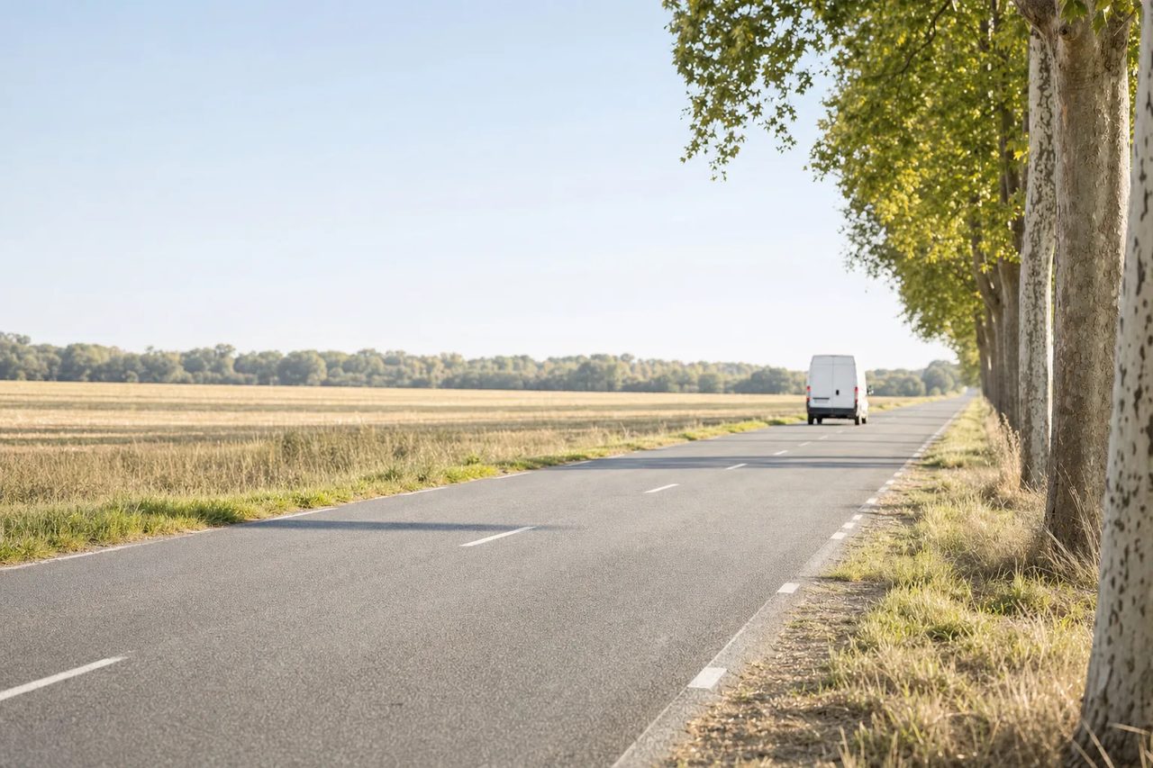 Longue route de campagne rectiligne avec un utilitaire blanc au loin