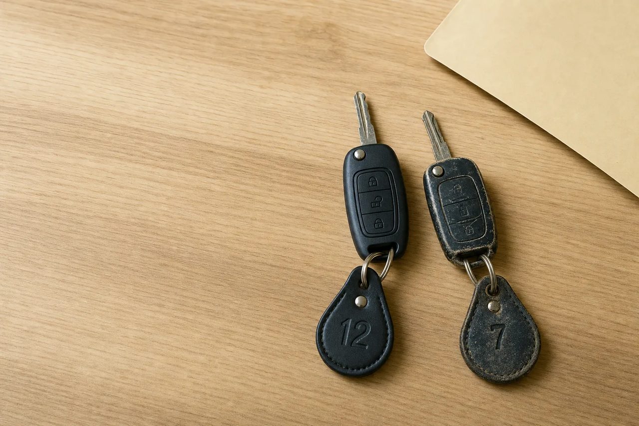 Deux clés de véhicule, l'une neuve l'autre usée, posées sur un bureau en bois clair