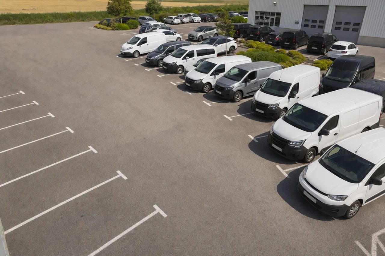 Parking d'agence à moitié occupé vu de haut, places matérialisées