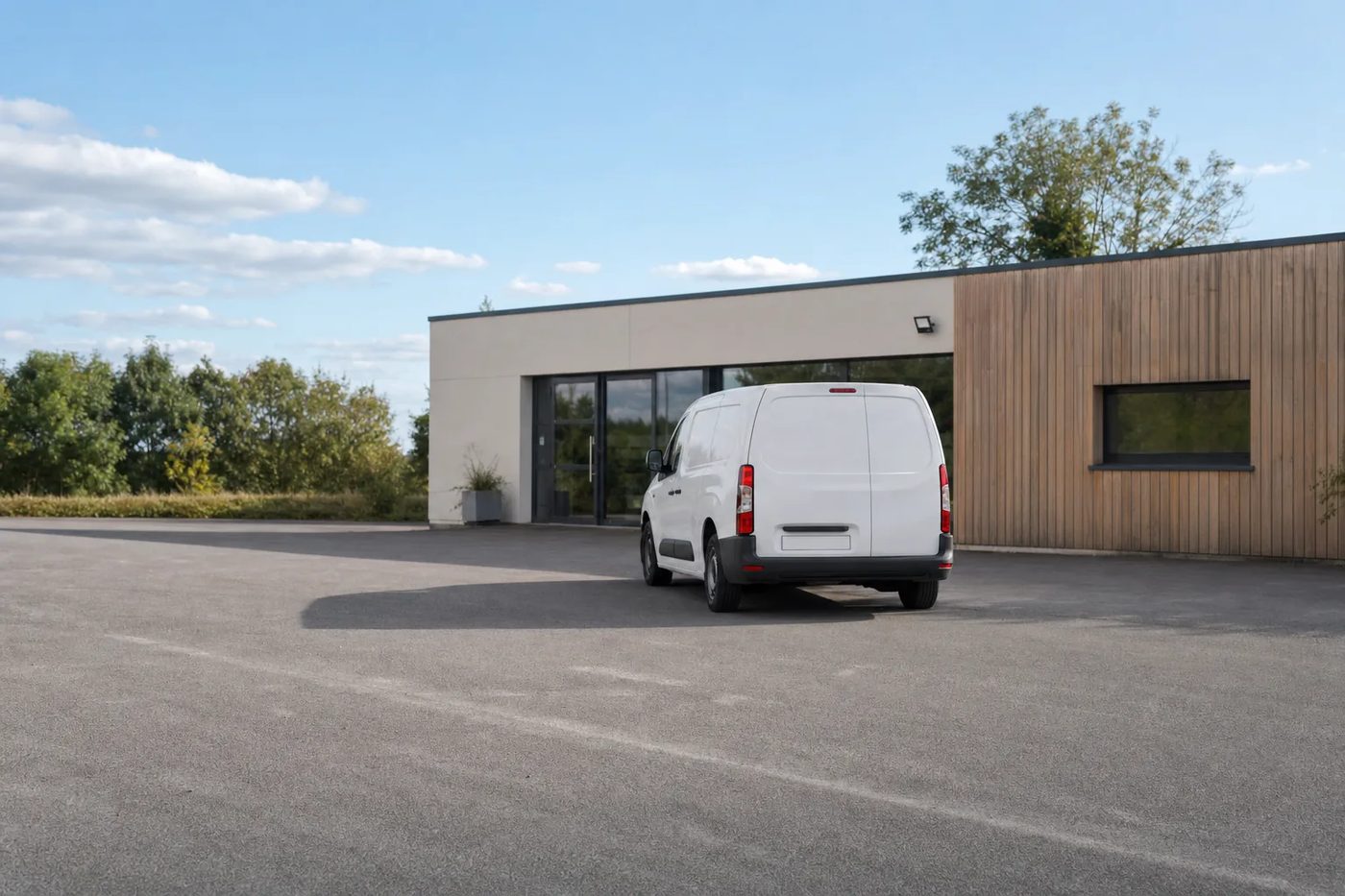Utilitaire blanc immobilisé seul au fond du parc d'une agence de location