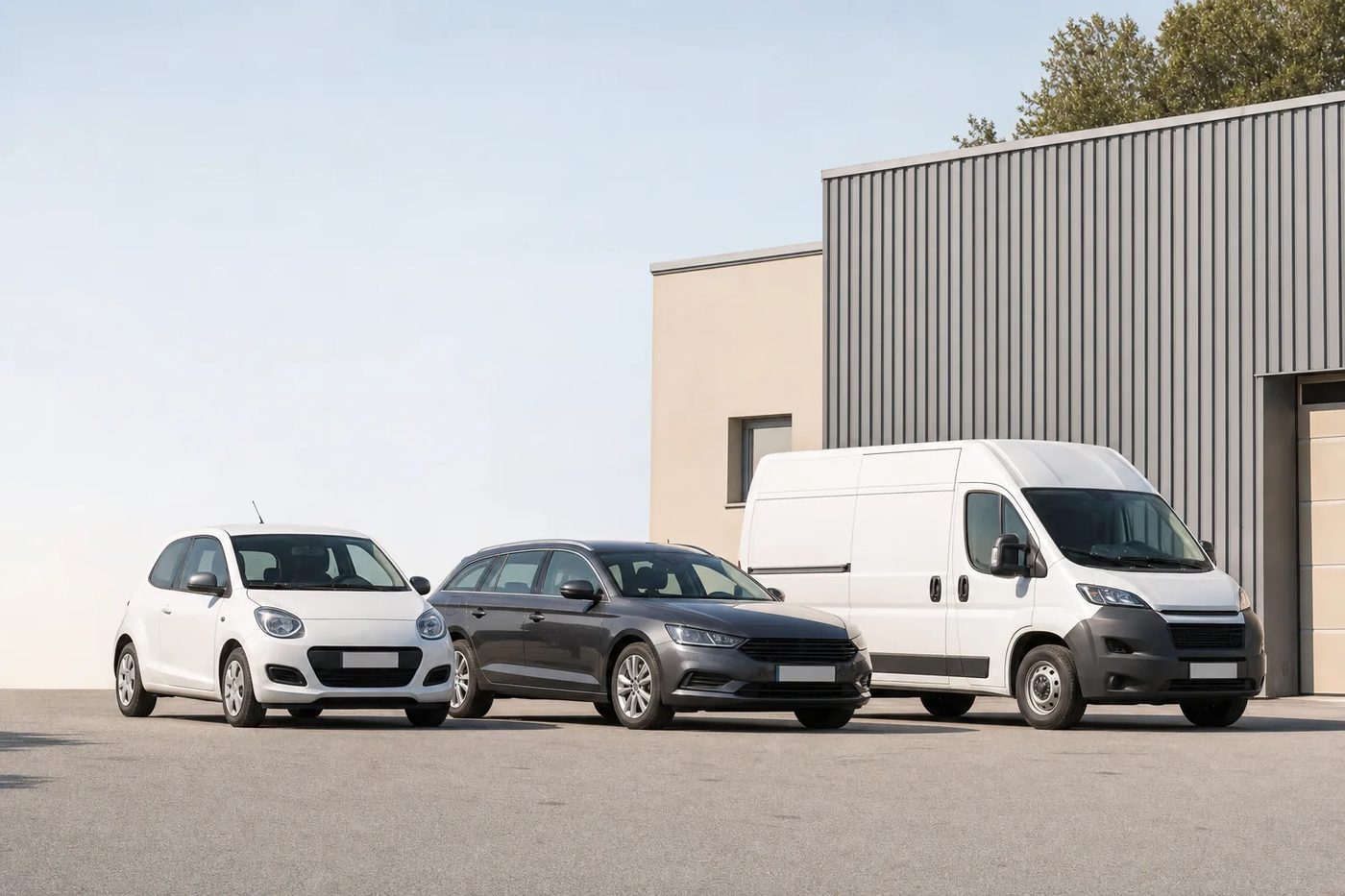 Citadine, break et grand utilitaire alignés côte à côte sur un parking